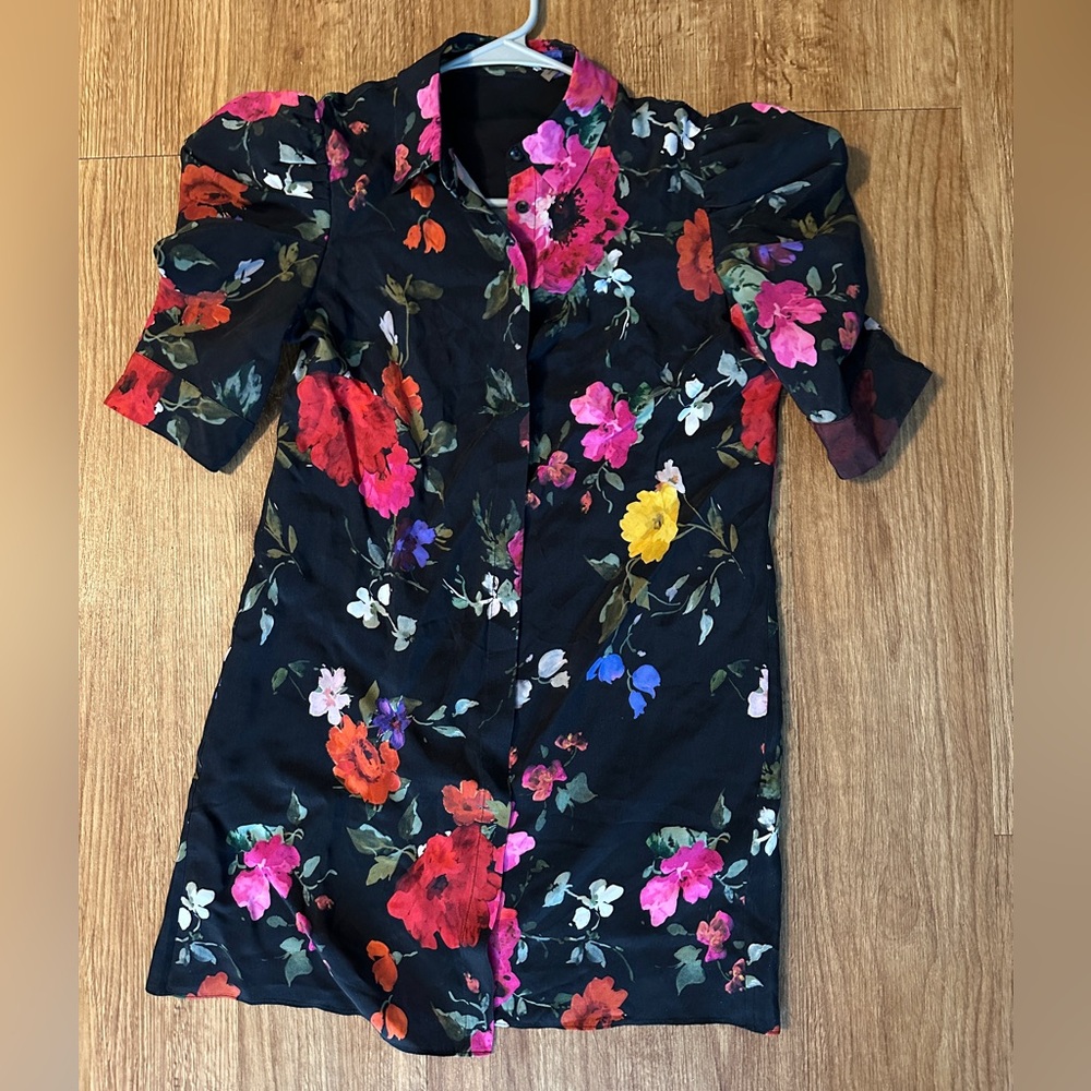 Alice + Olivia Jem Puff Sleeve Floral Mini Shirt Dress
